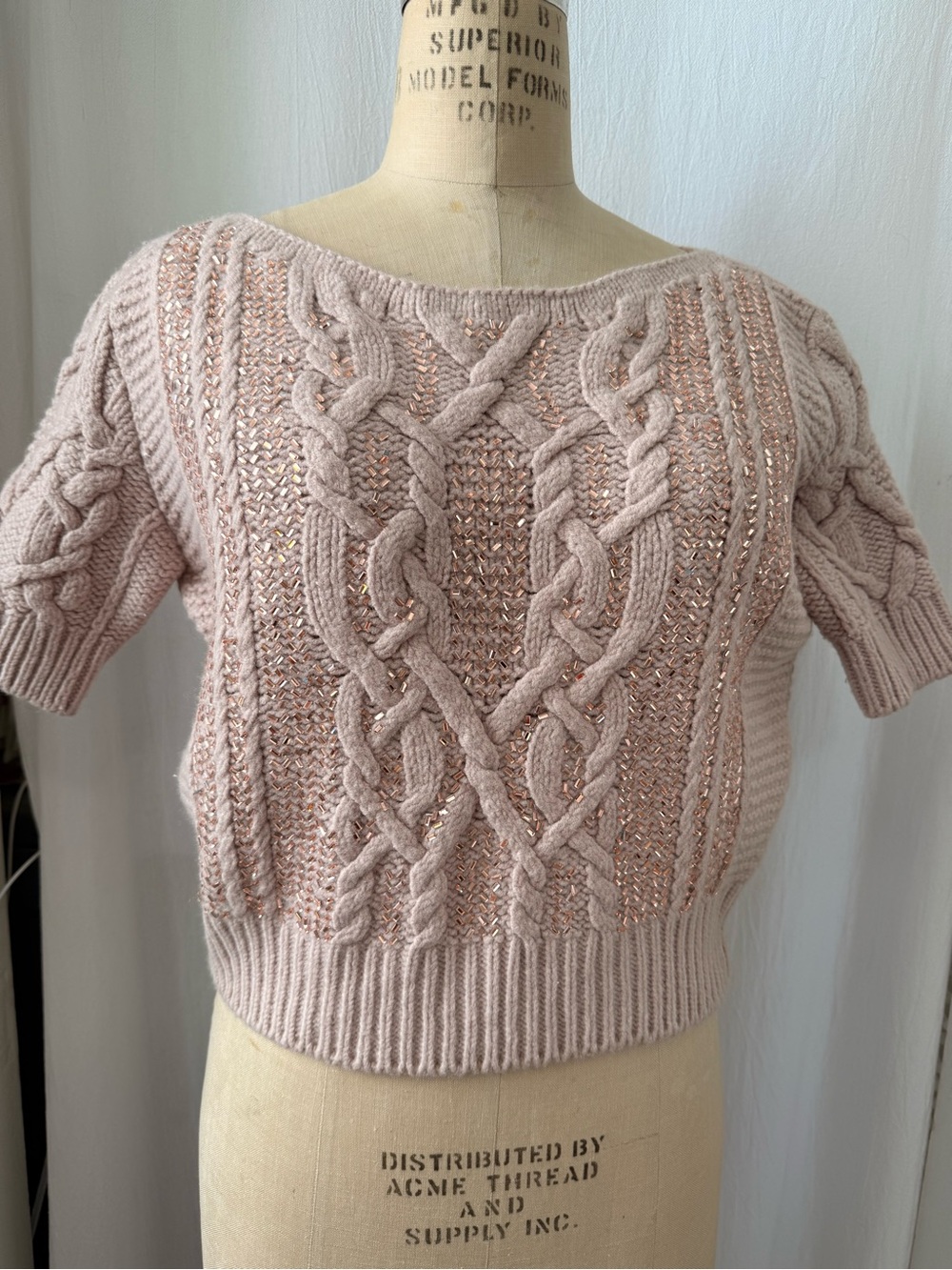 Ermanno Scervino, Wool Blend Chunky Cable Crop Boatneck Sweater sz 46 (US 12)